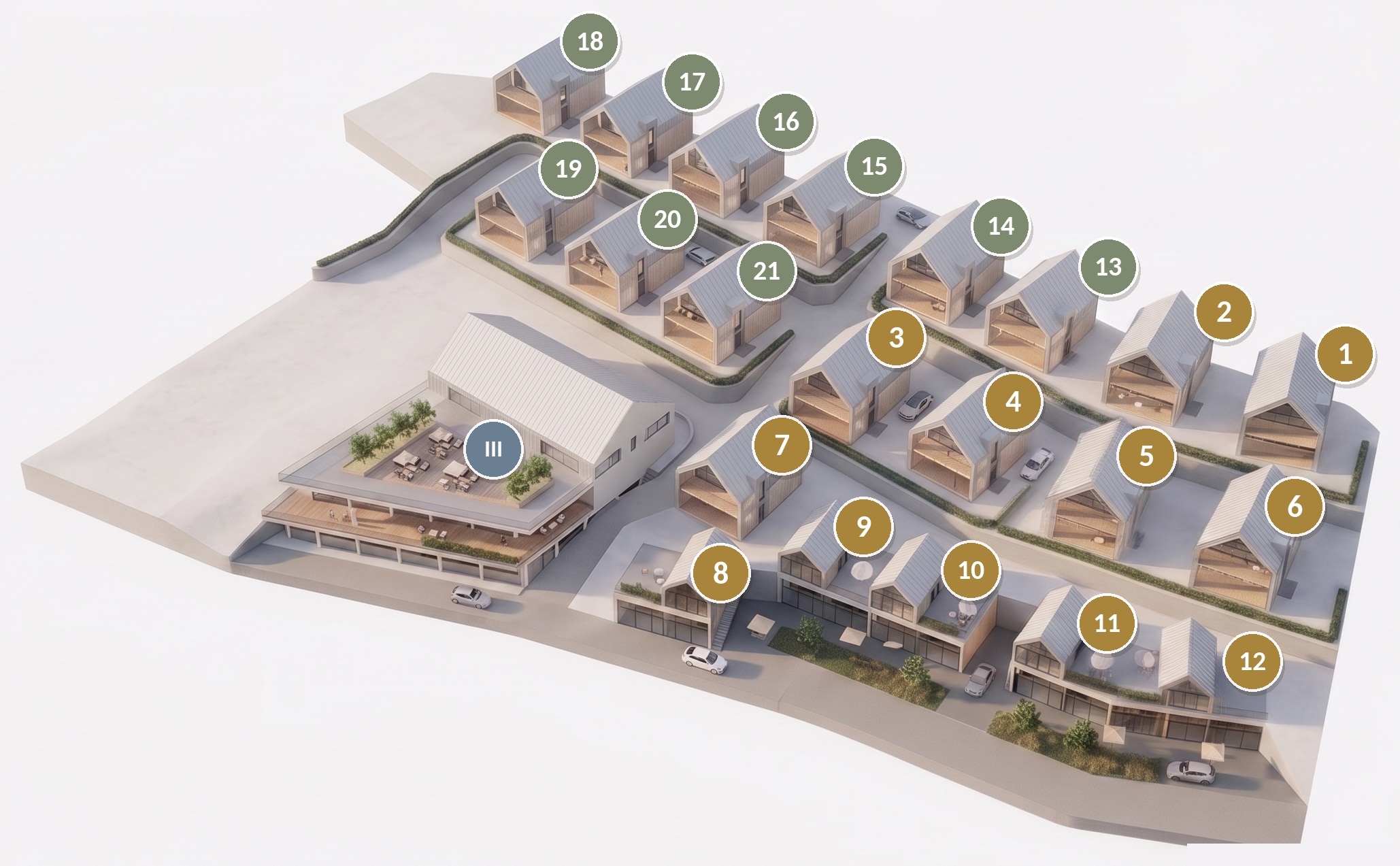 Plan inwestycji z numeracją budynków — złote numery Etap I, szałwiowe Etap II, „III” budynek rekreacyjno-restauracyjny