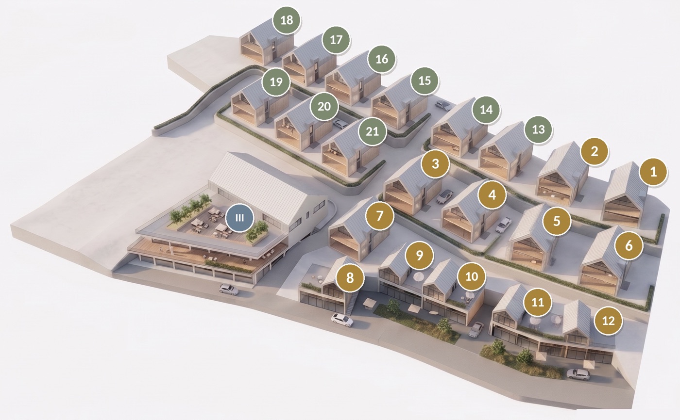 Plan inwestycji z numeracją budynków — złote numery Etap I, szałwiowe Etap II, „III” budynek rekreacyjno-restauracyjny